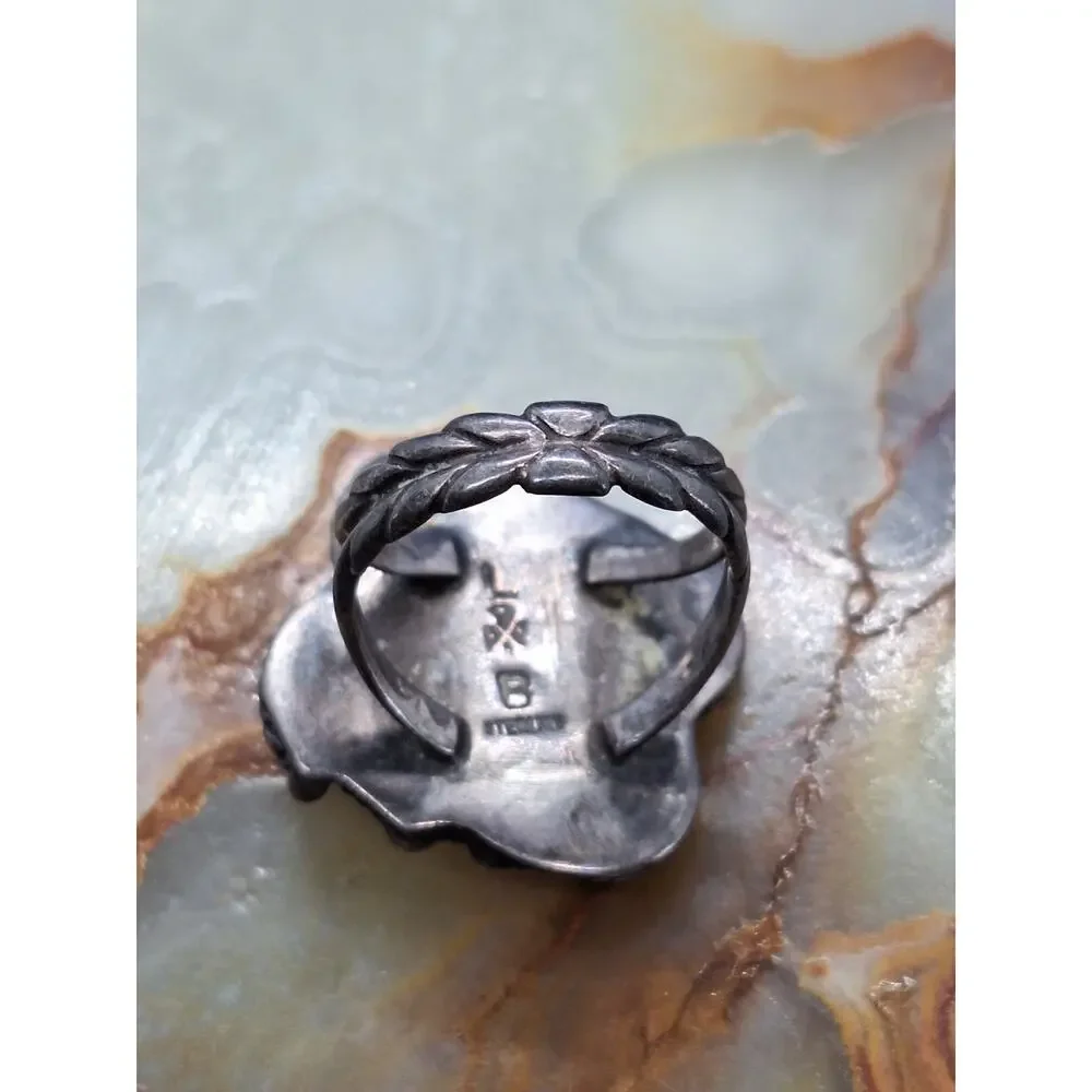 Les Baker Shop Navajo Sterling Silver Coral Ring B Hallmark Size 5.75 Vintage